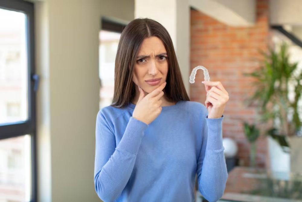 holding mouthguard and wondering about how many hours she can wear it