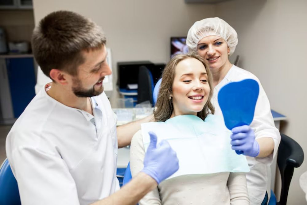 patient consulting a dentist about dental crowns